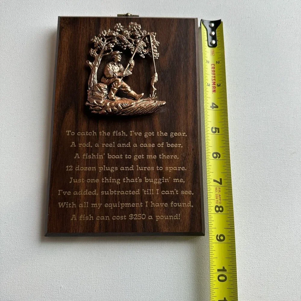 VTG 3D‎ Sculpture Metal Fisherman Wooden Wall Plaque Canada Made (8.5x5.5 in)